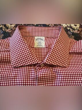 Brooks Brothers Regent Gingham Check Red White Pattern Men’s Dress Shirt Size 18